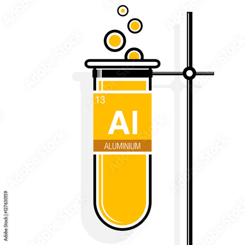 Aluminium symbol on label in a yellow test tube with holder. Element number 13 of the Periodic Table of the Elements - Chemistry