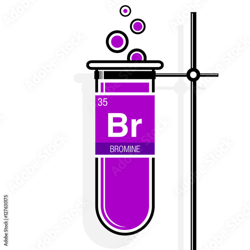 Bromine symbol on label in a magenta test tube with holder. Element number 35 of the Periodic Table of the Elements - Chemistry