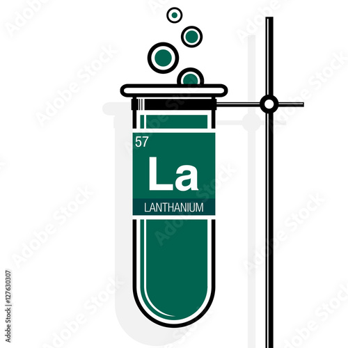 Lanthanium symbol on label in a green test tube with holder. Element number 57 of the Periodic Table of the Elements - Chemistry