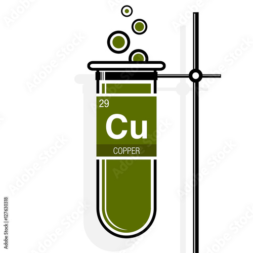 Copper symbol on label in a green test tube with holder. Element number 29 of the Periodic Table of the Elements - Chemistry