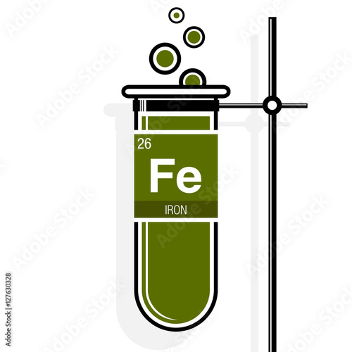 Iron symbol on label in a green test tube with holder. Element number 26 of the Periodic Table of the Elements - Chemistry 