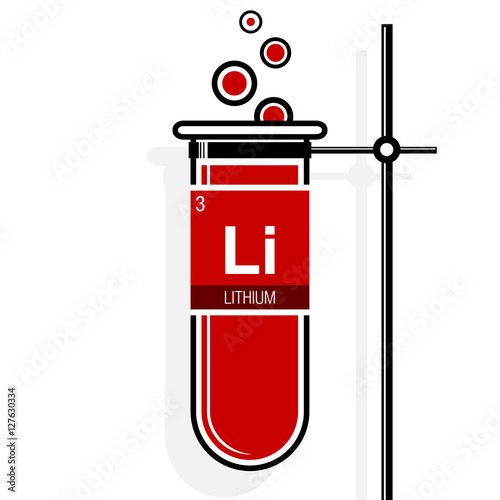 Lithium symbol on label in a red test tube with holder. Element number 3 of the Periodic Table of the Elements - Chemistry