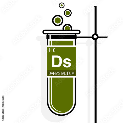 Darmstadtium symbol on label in a green test tube with holder. Element number 110 of the Periodic Table of the Elements - Chemistry
