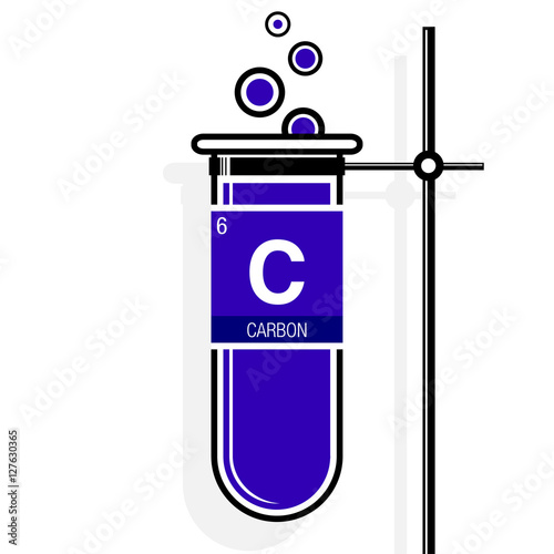 Carbon symbol on label in a violet test tube with holder. Element number 6 of the Periodic Table of the Elements - Chemistry