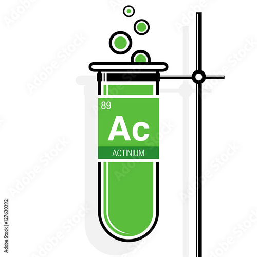 Actinium symbol on label in a green test tube with holder. Element number 89 of the Periodic Table of the Elements - Chemistry