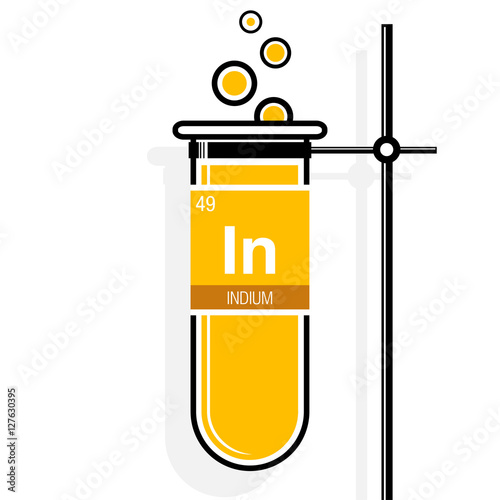 Indium symbol on label in a yellow test tube with holder. Element number 49 of the Periodic Table of the Elements - Chemistry