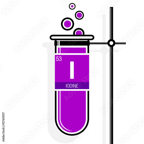 Iodine symbol on label in a magenta test tube with holder. Element number 53 of the Periodic Table of the Elements - Chemistry