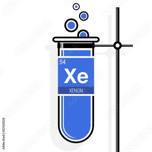 Xenon symbol on label in a blue test tube with holder. Element number 54 of the Periodic Table of the Elements - Chemistry