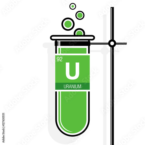 Uranium symbol on label in a green test tube with holder. Element number 92 of the Periodic Table of the Elements - Chemistry