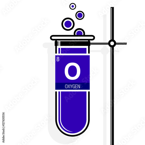 Oxygen symbol on label in a violet test tube with holder. Element number 8 of the Periodic Table of the Elements - Chemistry