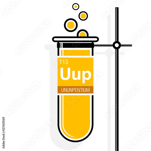 Ununpentium symbol on label in a yellow test tube with holder. Element number 115 of the Periodic Table of the Elements - Chemistry