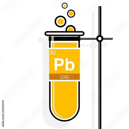 Lead symbol on label in a yellow test tube with holder. Element number 82 of the Periodic Table of the Elements - Chemistry