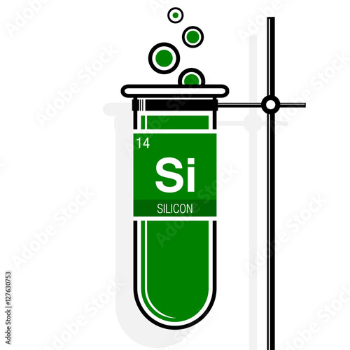 Silicon symbol on label in a green test tube with holder. Element number 14 of the Periodic Table of the Elements - Chemistry