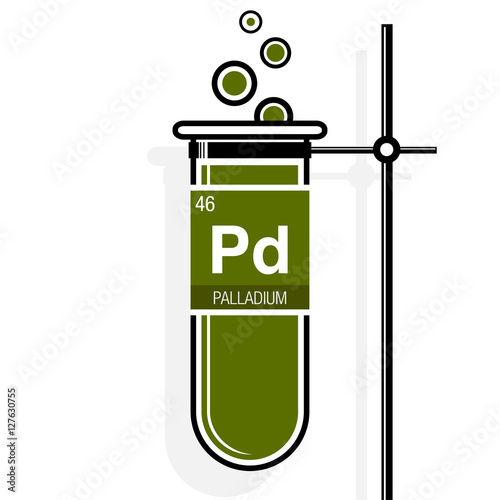 Palladium symbol on label in a green test tube with holder. Element number 46 of the Periodic Table of the Elements - Chemistry
