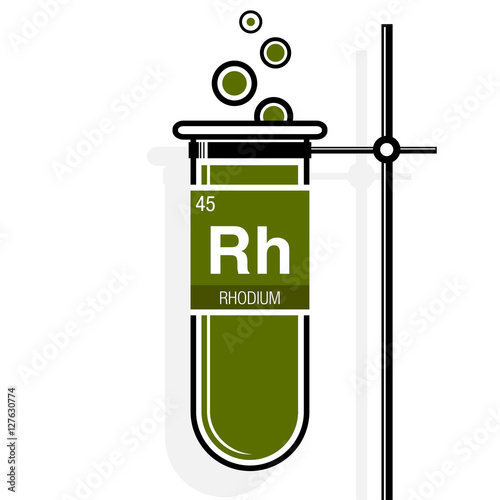 Rhodium symbol on label in a green test tube with holder. Element number 45 of the Periodic Table of the Elements - Chemistry