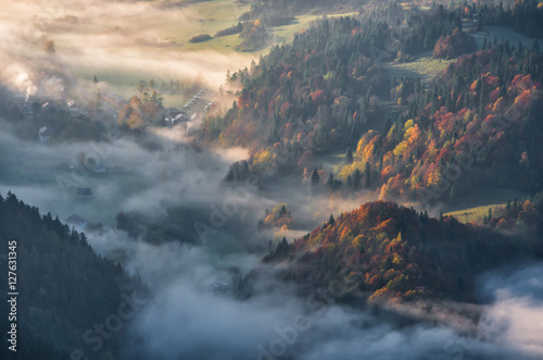 Morning mists in morning Pieniny mountains, autumn, Poland