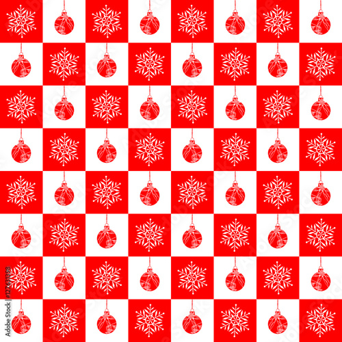 Seamless winter pattern with snowflakes. Vector white snowflakes and baubles on a red background.