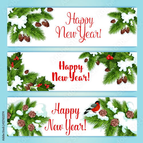 New Year tree and holly berry banners
