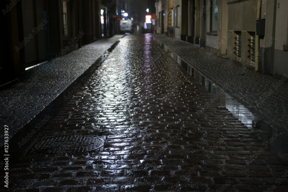 Night street in rainy weather in Ostend, Belgium Night street in rainy weather in Ostend, Belgium