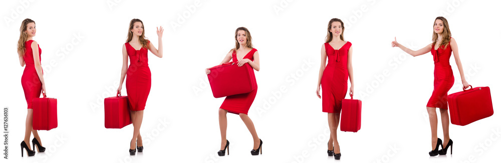 Young woman in red dress with suitcase isolated on white Young woman in red dress with suitcase isolated on white