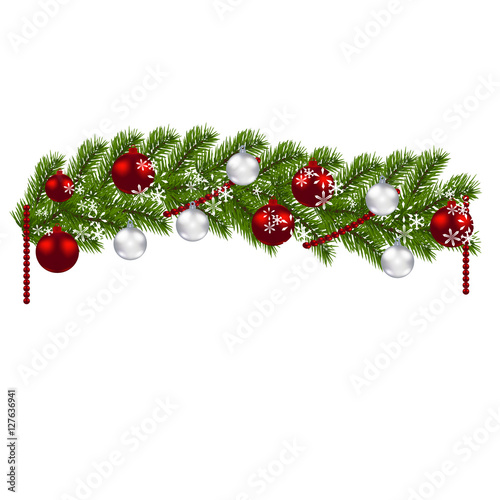 Christmas decoration. Green branches of a Christmas tree with red and silver balls and snowflakes on a white background. New Year decoration. illustration