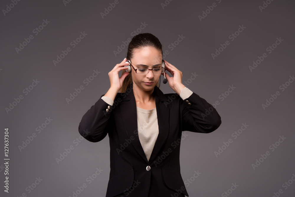 Young woman businesswoman pressing virtual buttons Young woman businesswoman pressing virtual buttons