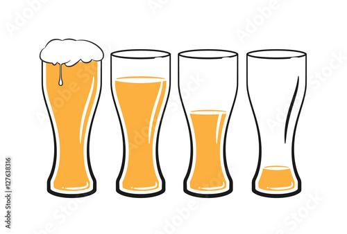 set of beer glasses with light beer on white background