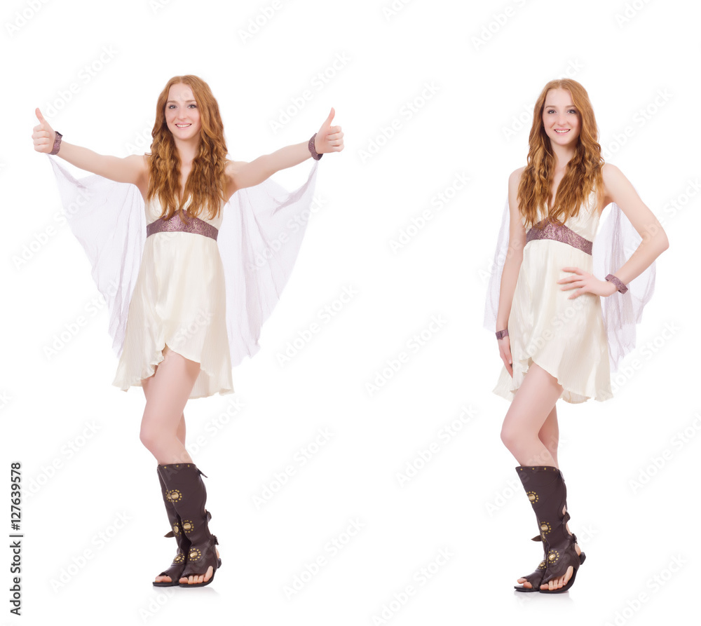 Pretty lady in light charming dress isolated on white Pretty lady in light charming dress isolated on white