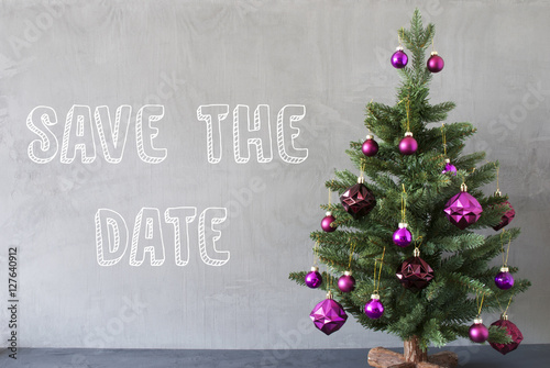 Christmas Tree, Cement Wall, English Text Save The Date