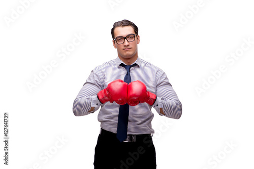 Aggressive businessman with boxing gloves isolated on white