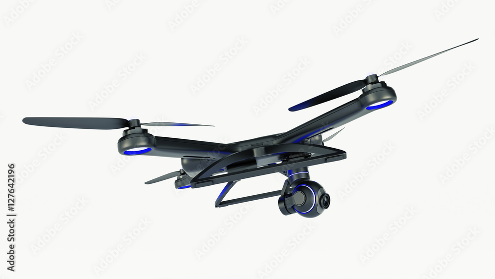 drone, quadrocopter, with photo camera flying in the blue sky. 3d rendering drone, quadrocopter, with photo camera flying in the blue sky. 3d rendering