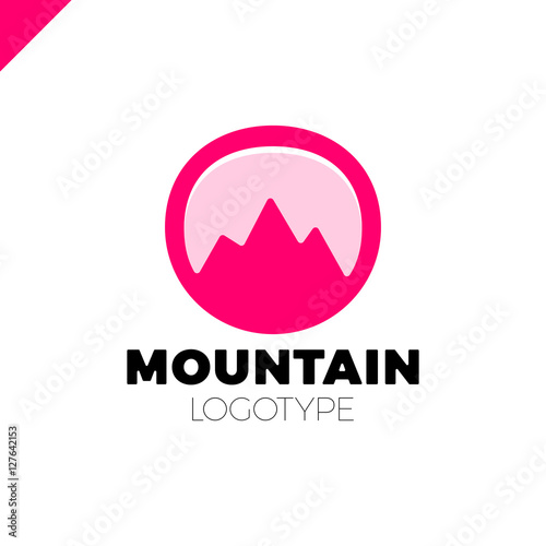 Round logo with mountain triangle profile inside. Geometric tech outline style. photo