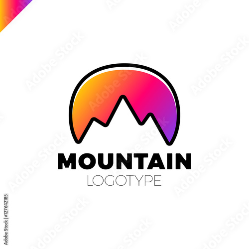 Round logo with mountain triangle profile inside. Geometric tech outline style. photo