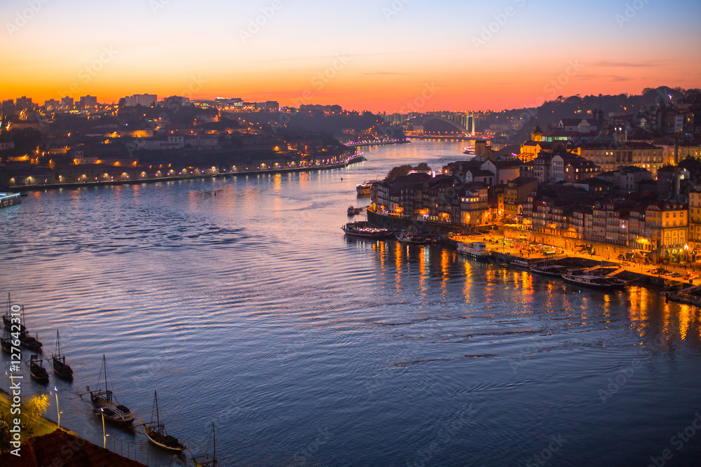 Douro River at Porto by night, Portugal.