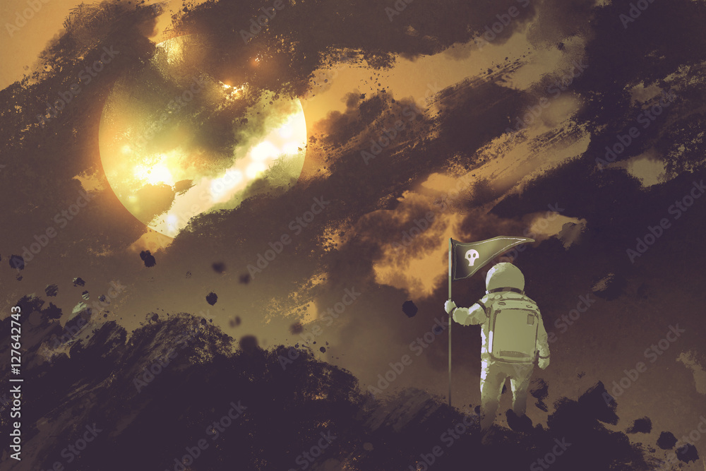 Fototapeta premium astronaut with a flag standing on mountain against a cloudy sky and a sun,illustration painting