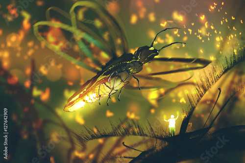 Φωτογραφία little man directing giant firefly in a night forest,illustration painting