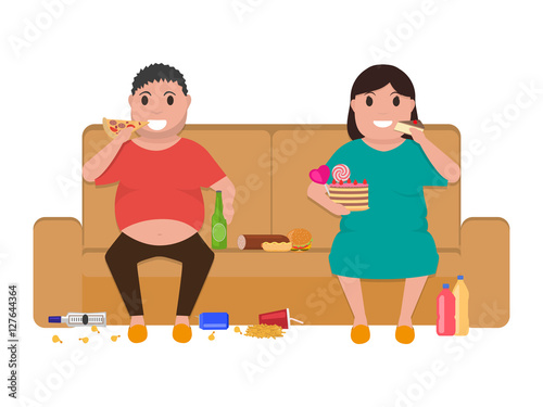 Cartoon fat man woman sitting on couch eat food