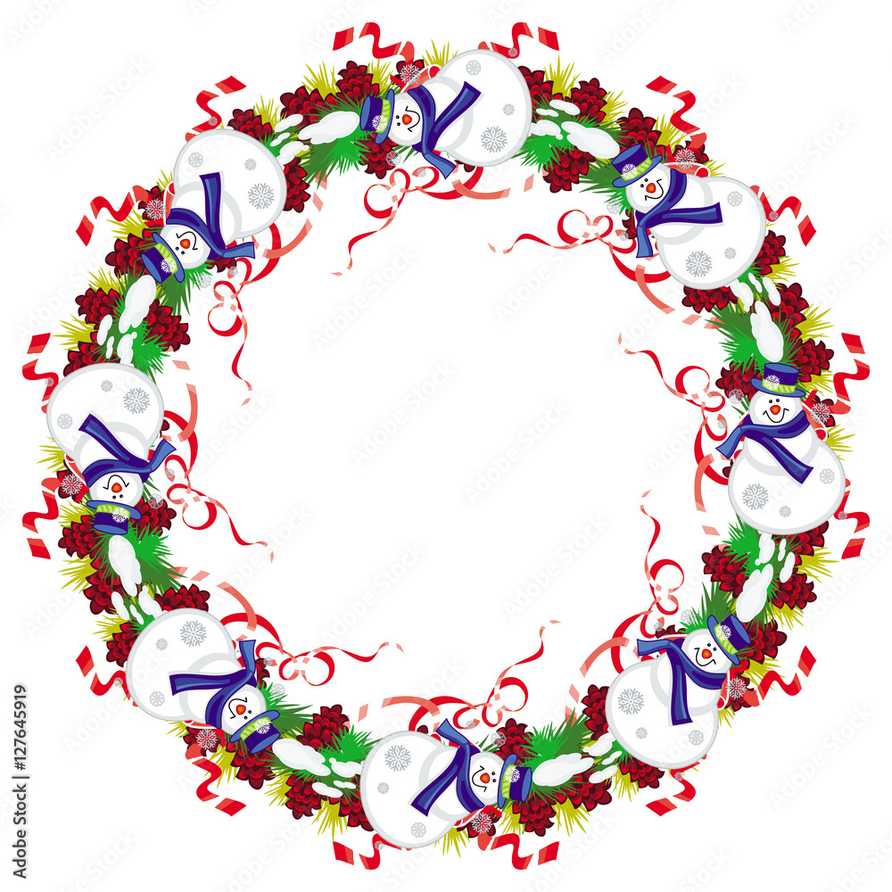 Round Christmas garland with happy snowman in funny hat and scarf. Round Christmas garland with happy snowman in funny hat and scarf.