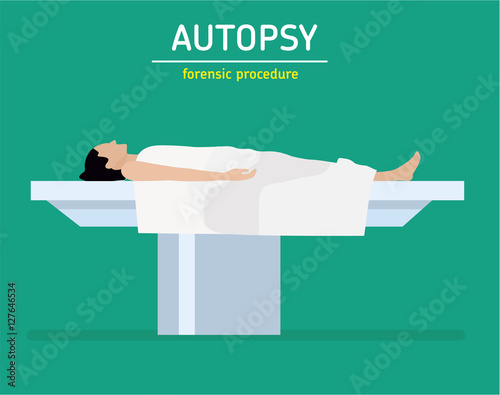 The woman is a murder victim lies on a table at the coroner's. The autopsy of the murder victim. The autopsy of the murder victim. photo
