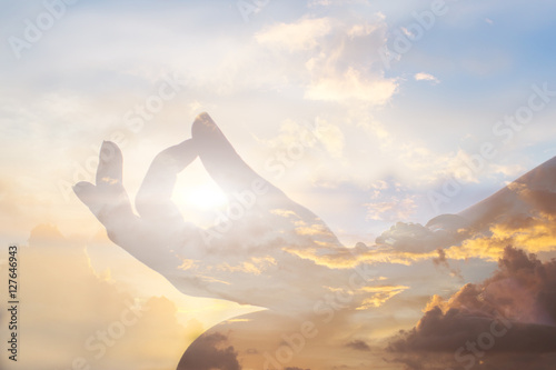 Obraz na płótnie serenity and yoga practicing at sunset, meditation
