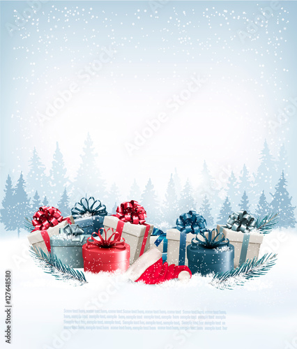 Holiday Christmas background with a gift boxes and Santa hat. Ve