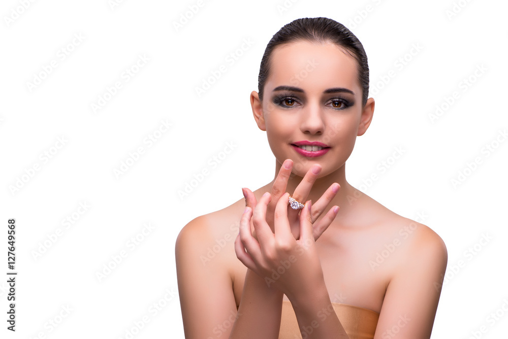 Woman with engagement ring isolated on white