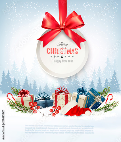 Christmas presents with a gift card and Santa hat. Vector.