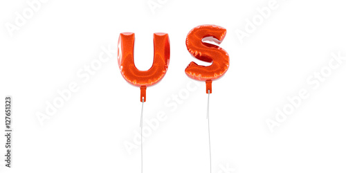 US - word made from red foil balloons - 3D rendered. Can be used for an online banner ad or a print postcard.