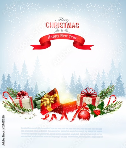 Christmas holiday background with presents and magic box. Vector