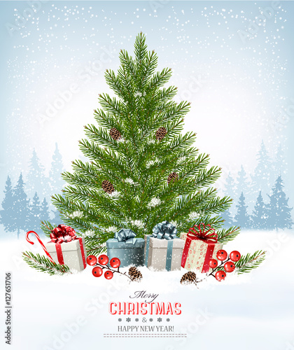 Holiday background with a christmas tree and presents. Vector.