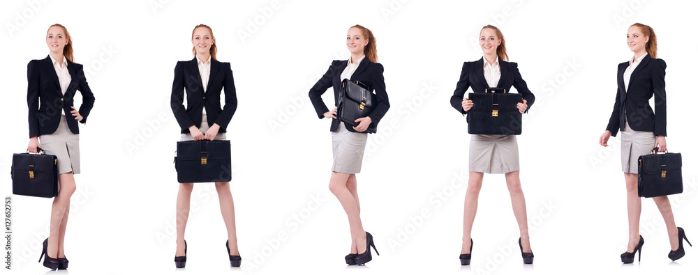 Businesswoman with briefcase isolated on white