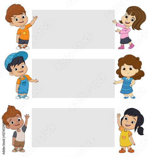 A Small Group of Kids with a Giant Blank Board banner.Vector and