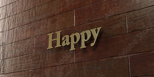Happy - Bronze plaque mounted on maple wood wall - 3D rendered royalty free stock picture. This image can be used for an online website banner ad or a print postcard.