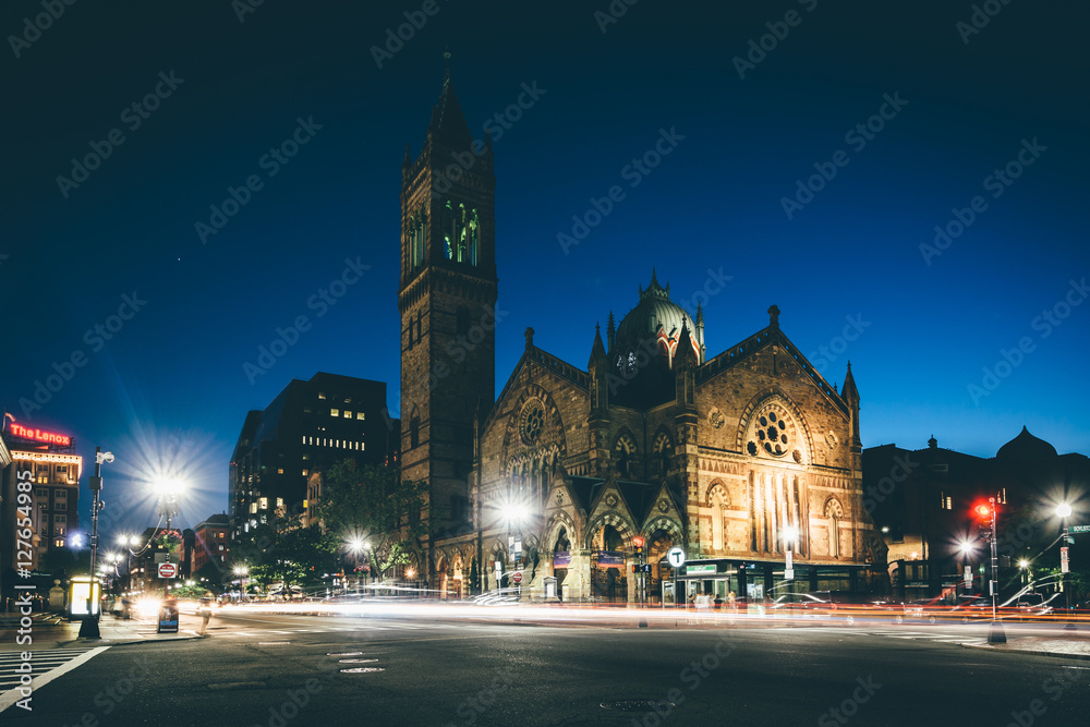 The Old South Church at night, in Back Bay, Boston, Massachusett